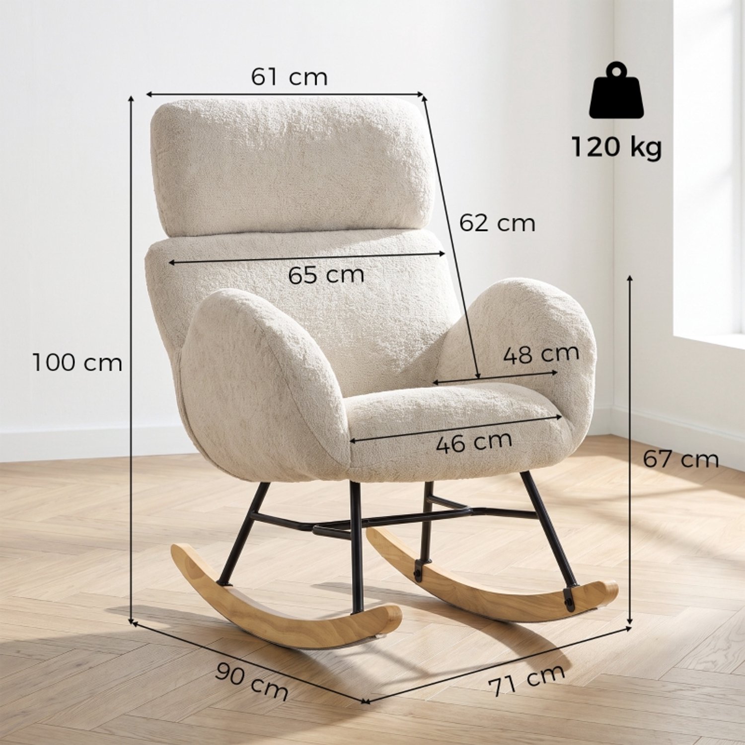 OKWISH Schommelstoel 90 x 71 x 100 cm - Verstelbare Hoofdsteun - Voor Woonkamer en Leeshoek - Fluweel en Hout - Crèmewit