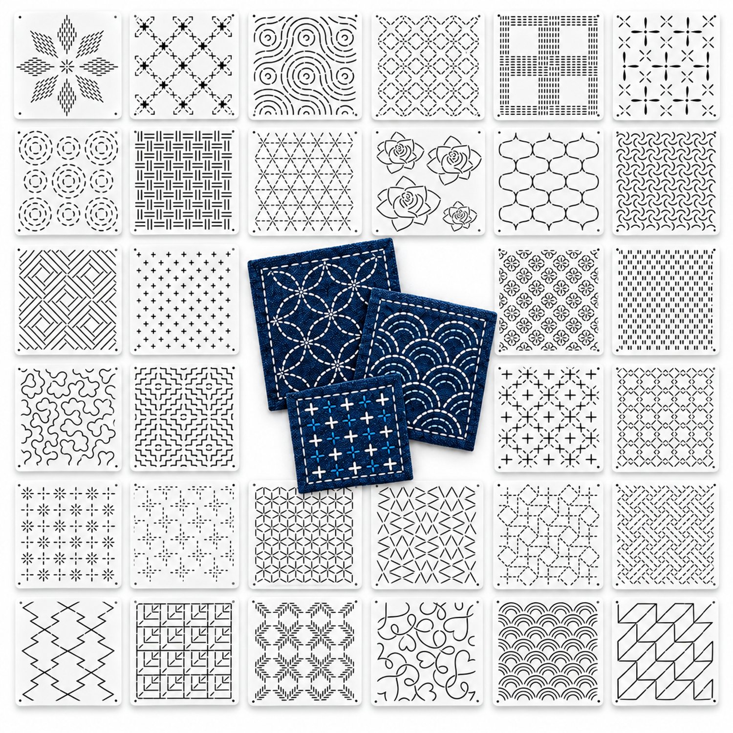 Lifhelpe Borduursjablonen voor Sashiko 32 Stuks – Creatieve Steekpatronen 13 × 13 cm – Herbruikbare Quilt Sjablonen voor Borduren, Patchwork en Textieldecoratie – Set B