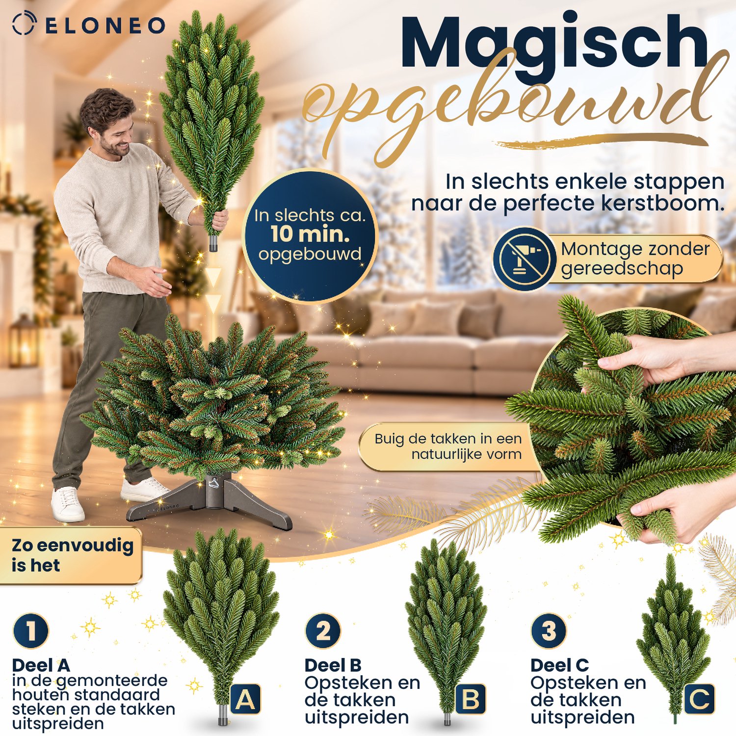 ELONEO Kunstkerstboom 250 cm – Realistische kerstboom, kunstkerstboom met houten standaard, natuurgetrouwe kerstboom – foto 5