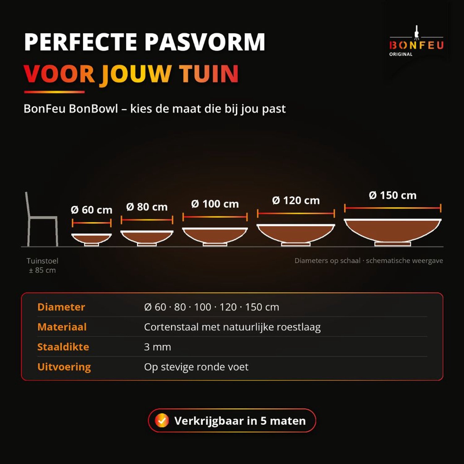 BonFeu BonBowl Vuurschaal 60 cm - Cortenstaal 3 mm - Op Ronde Voet
