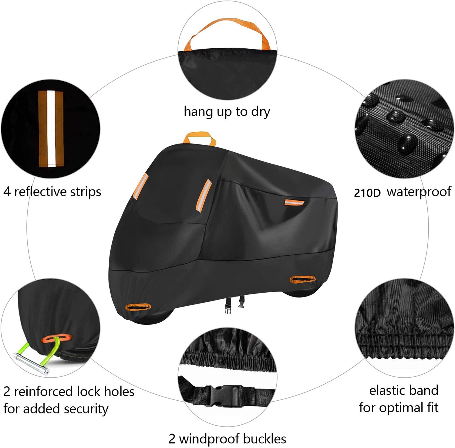 Waterdicht Motorhoes - Outdoor Afdekzeil voor motorfietsen - Motorhoezen Waterdichte - Motorafdekking - Outdoor & Indoor - Universeel Motor - Reflecterende strips en windbestendig - UV-bescherming - 210D Oxford-stof - XL(230*95*125cm) - Zwart – foto 2