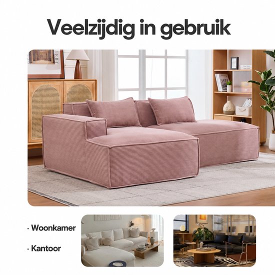 Roze ribstof bank in woonkamer, met extra afbeeldingen van banken in wit en zwart in woonkamer en kantoor.