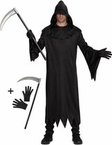 3-Delig Compleet Grim Reaper Kostuum Inclusief Mantel met Capuchon, Scythe (Zeis) en Handschoenen Magere Hein Verkleedkleren Volwassenen Halloween Kostuum Volwassenen Carnaval - Zwart - Unisex - One Size Fits Most