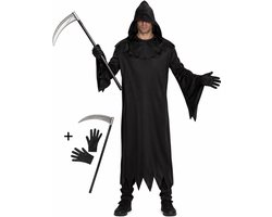 3-Delig Compleet Grim Reaper Kostuum Inclusief Mantel met Capuchon, Scythe (Zeis) en Handschoenen Magere Hein Verkleedkleren Volwassenen Halloween Kostuum Volwassenen Carnaval - Zwart - Unisex - One Size Fits Most