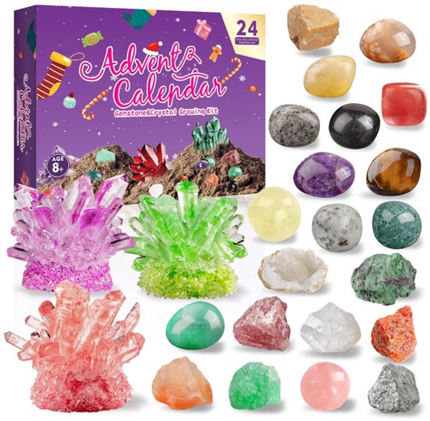 adventskalender 2026 - adventskalender - 24 dagen kerstkalender met kristal kweekset - edelstenen - Met 24 Edelstenen Kerst Countdown