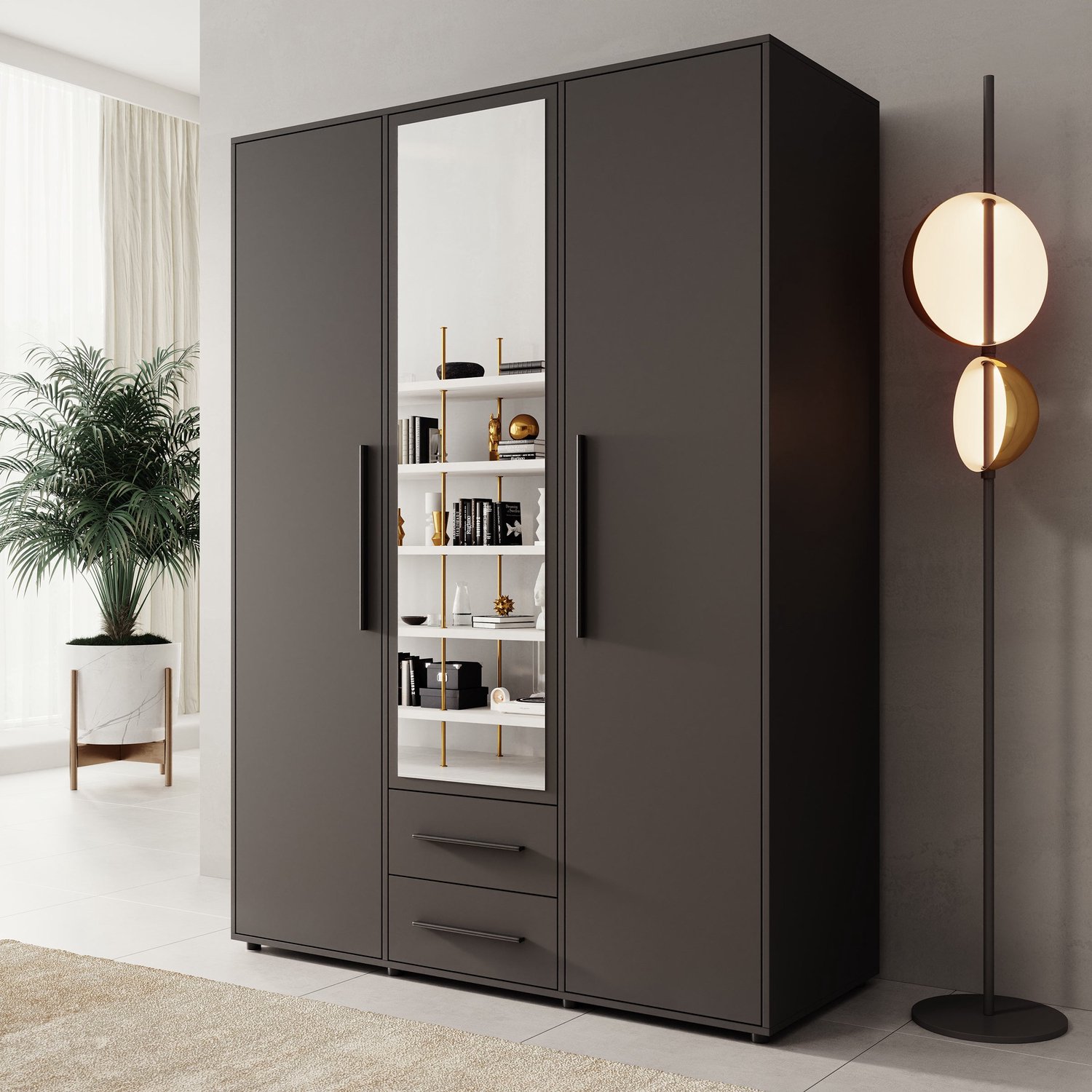 MEUBELLA Montalo - Kledingkast 3-deurs - Zwart - 150x59x206 cm