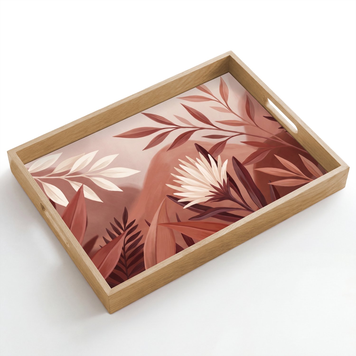 Dienblad hout 50x35 cm - Schootdienblad - Planten - Bladeren - Botanisch - Modern - Bruin - Borrelplank rechthoek - Plateau dienbladen