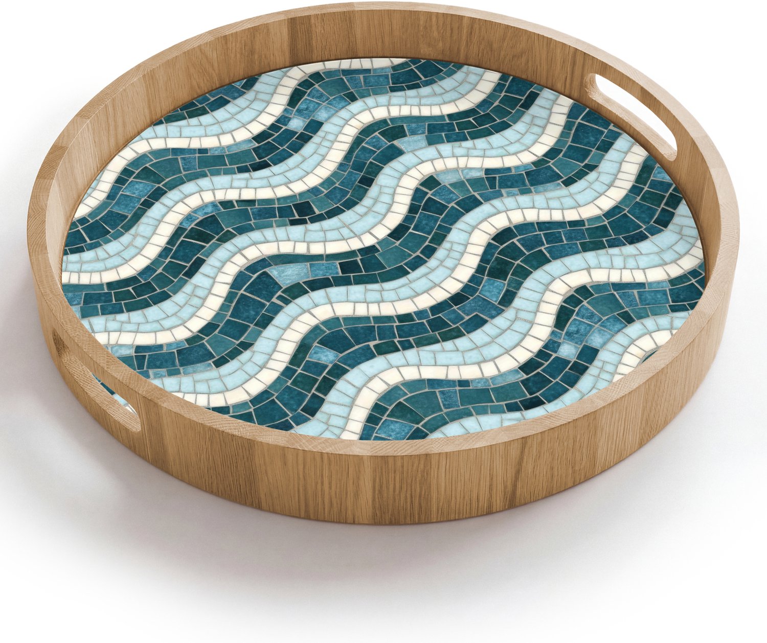 Dienblad rond 40x40 cm - Schootdienblad hout - Blauw - Wit - Mozaïek - Golvend - Borrelplank rechthoek - Plateau houten dienbladen