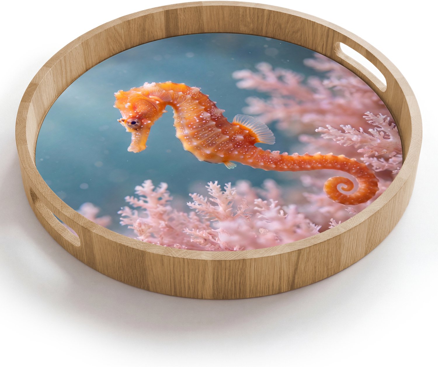 Dienblad rond 40x40 cm - Schootdienblad hout - Vis - Koraal - Oceaan - Macro - Oranje - Borrelplank rechthoek - Plateau houten dienbladen