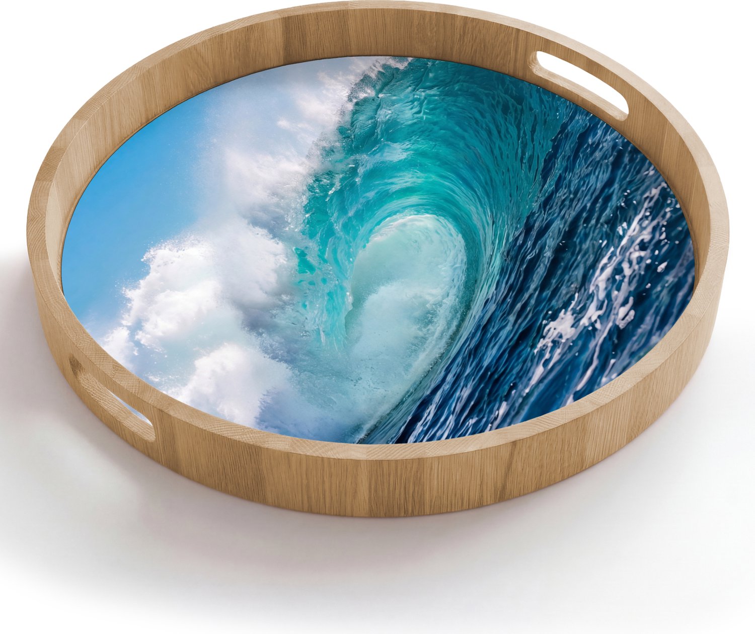 Dienblad rond 50x50 cm - Schootdienblad hout - Golf - Oceaan - Water - Dynamisch - Blauw - Borrelplank rechthoek - Plateau houten dienbladen