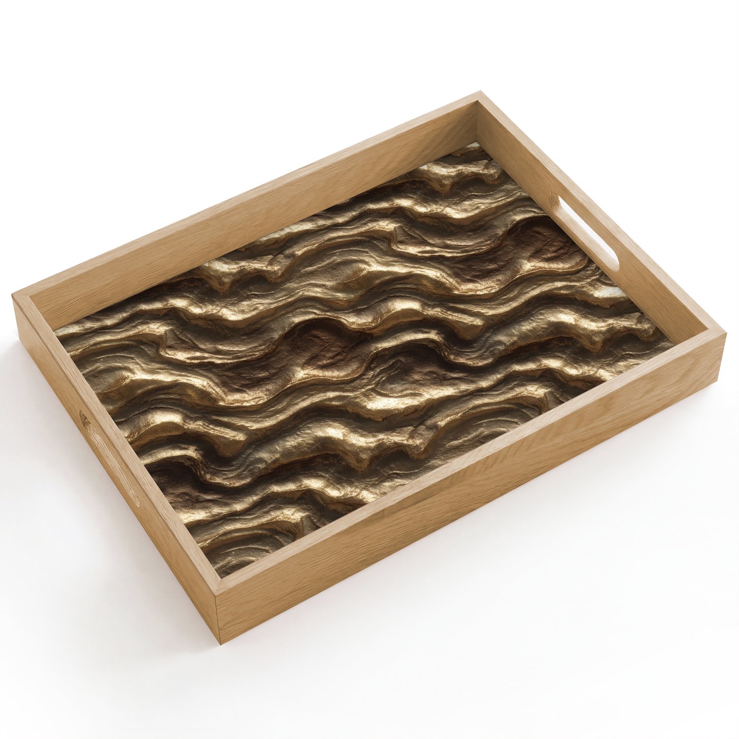 Dienblad hout 40x30 cm - Schootdienblad - Reliëf - Golven - Abstract - Bronsgoud - Borrelplank rechthoek - Plateau dienbladen