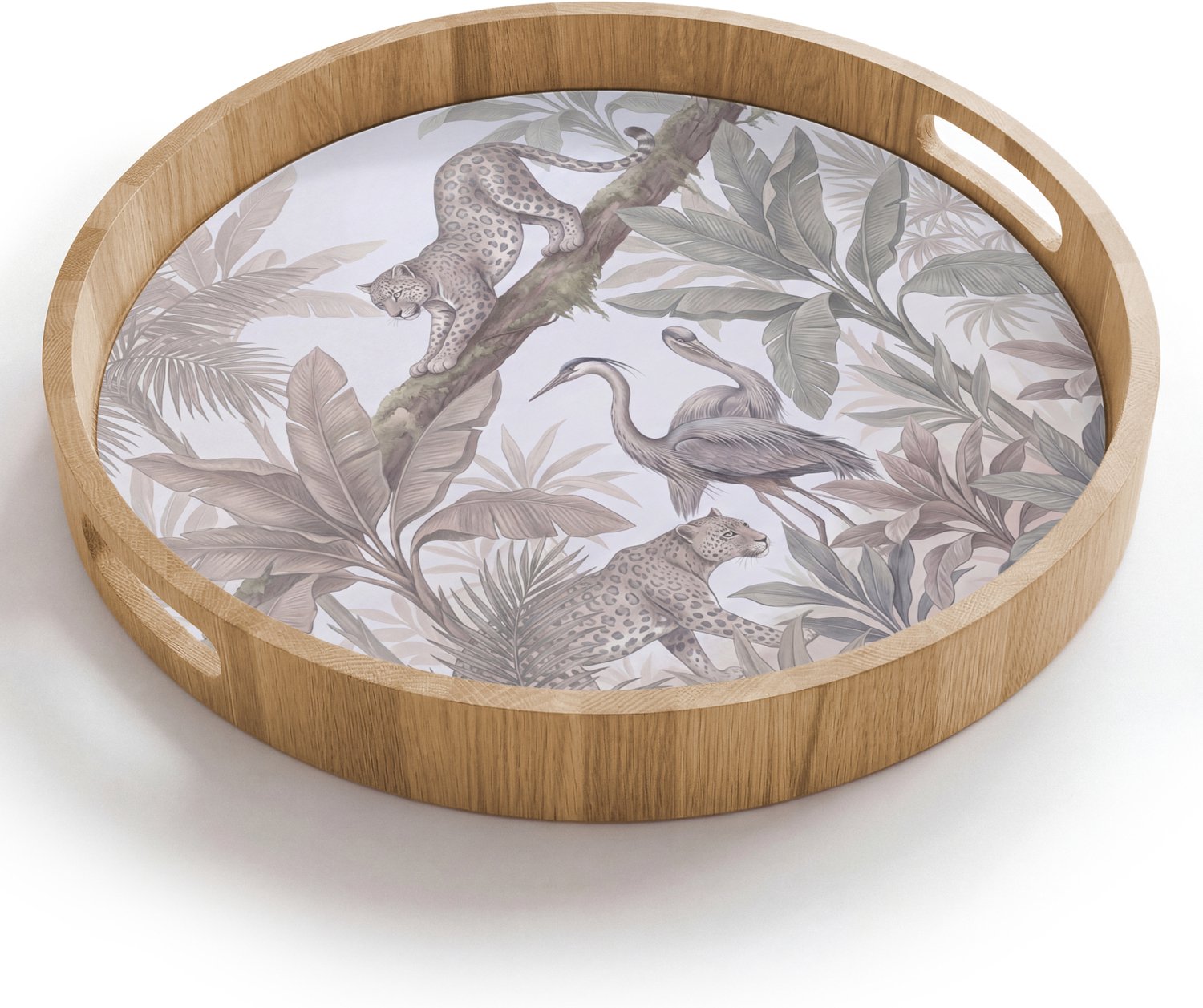 Dienblad rond 40x40 cm - Schootdienblad hout - Kat - Vogel - Jungle - Illustratie - Dieren - Borrelplank rechthoek - Plateau houten dienbladen