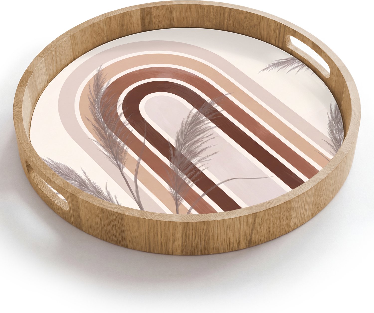 Dienblad rond 40x40 cm - Schootdienblad hout - Abstract - Bogen - Plant - Boho - Beige - Borrelplank rechthoek - Plateau houten dienbladen