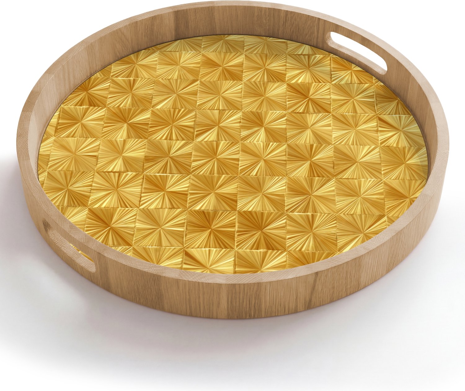 Dienblad rond 50x50 cm - Schootdienblad hout - Tegels - Geometrisch - Reliëf - Goud - Borrelplank rechthoek - Plateau houten dienbladen