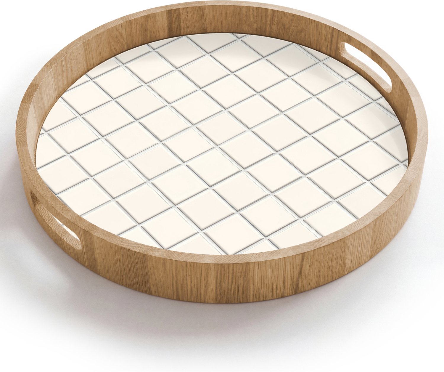 Dienblad rond 40x40 cm - Schootdienblad hout - Patroon - Tegels - Wit - Borrelplank rechthoek - Plateau houten dienbladen