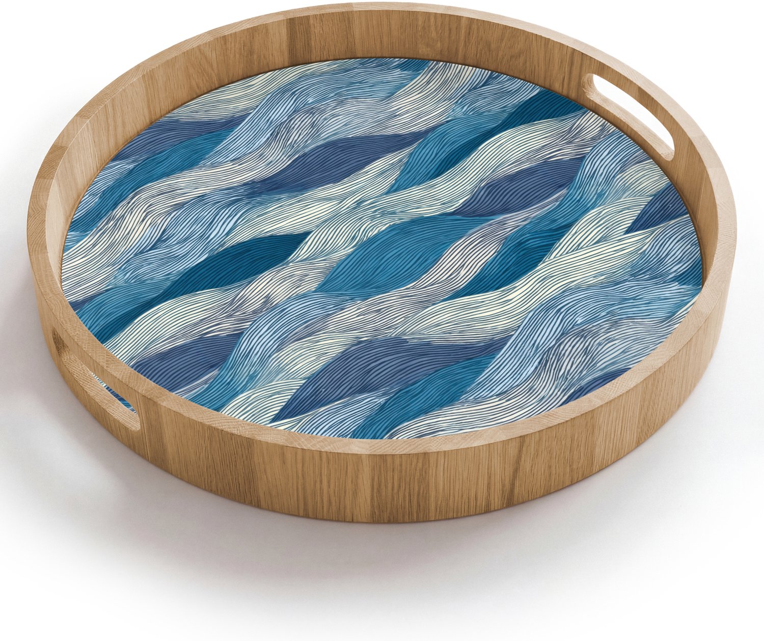 Dienblad rond 40x40 cm - Schootdienblad hout - Getekend - Blauw - Wit - Golvend - Streepjes - Borrelplank rechthoek - Plateau houten dienbladen