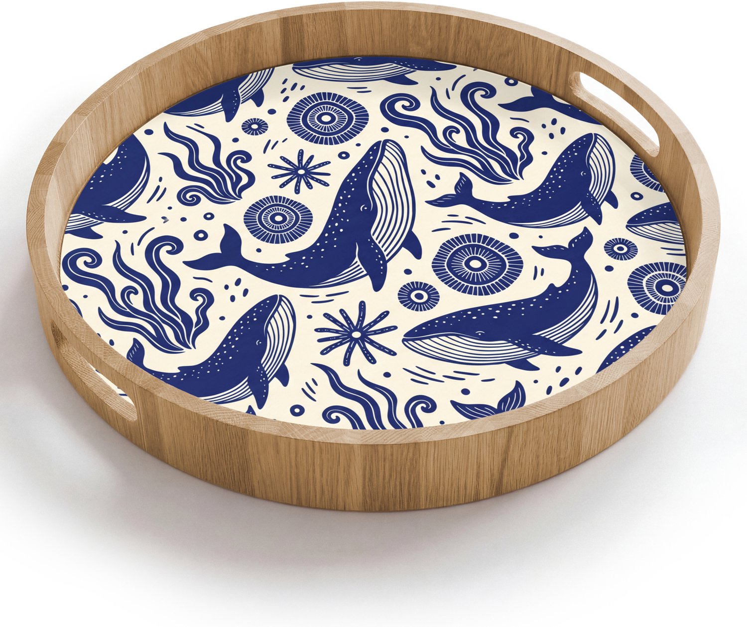 Dienblad rond 40x40 cm - Schootdienblad hout - Walvis - Onderwater - Dieren - Abstract - Blauw - Borrelplank rechthoek - Plateau houten dienbladen