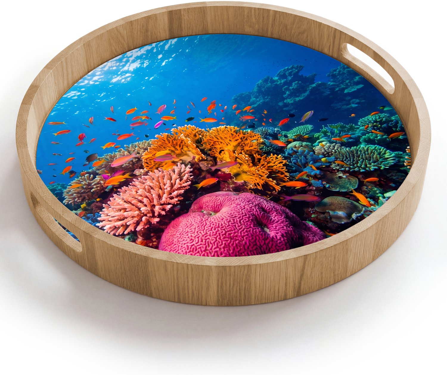 Dienblad rond 40x40 cm - Schootdienblad hout - Koraal - Vissen - Oceaan - Natuur - Kleurrijk - Borrelplank rechthoek - Plateau houten dienbladen