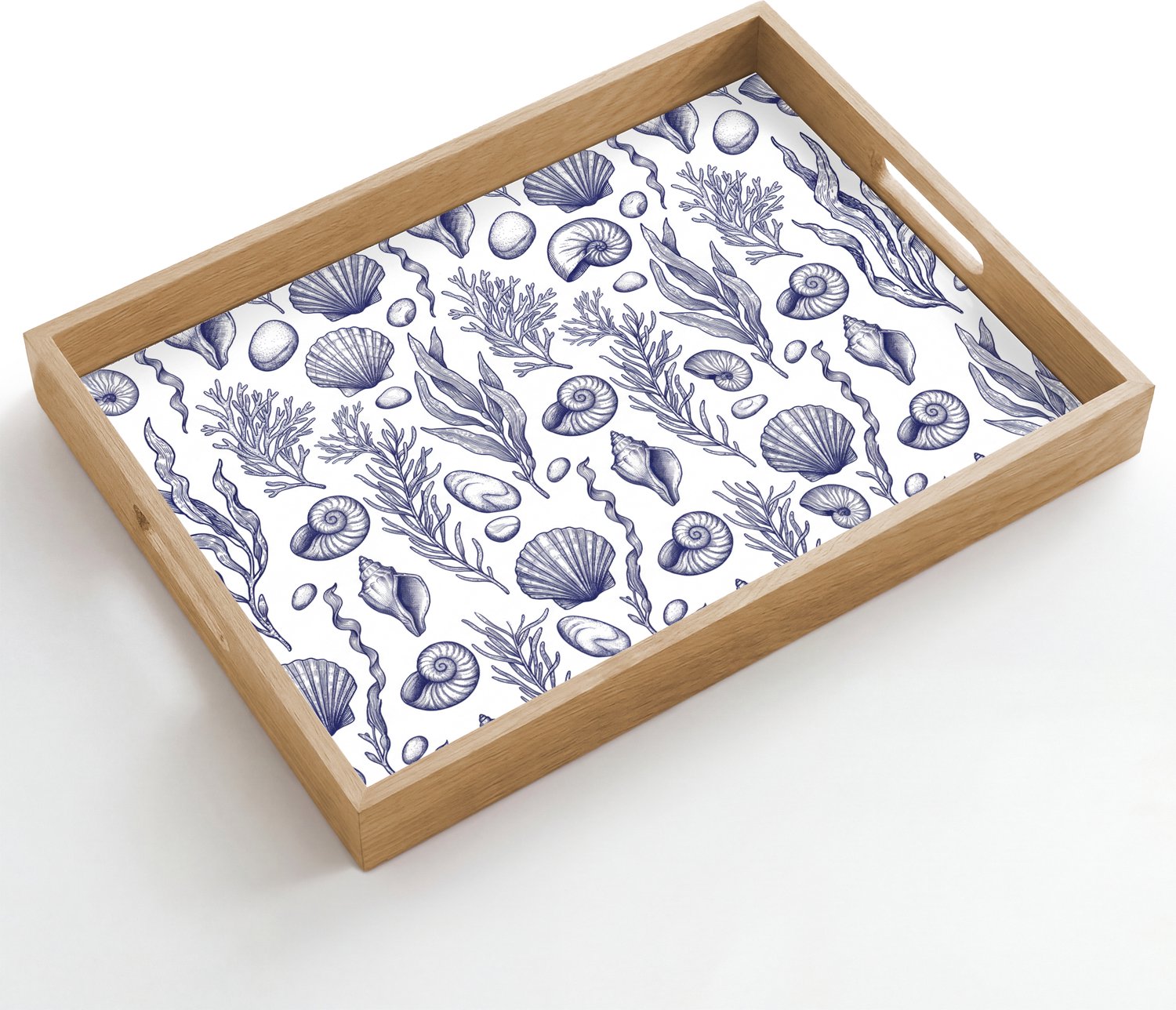 Dienblad hout 50x35 cm - Schootdienblad - Schelpen - Zeewier - Oceaan - Illustratie - Blauw - Borrelplank rechthoek - Plateau dienbladen