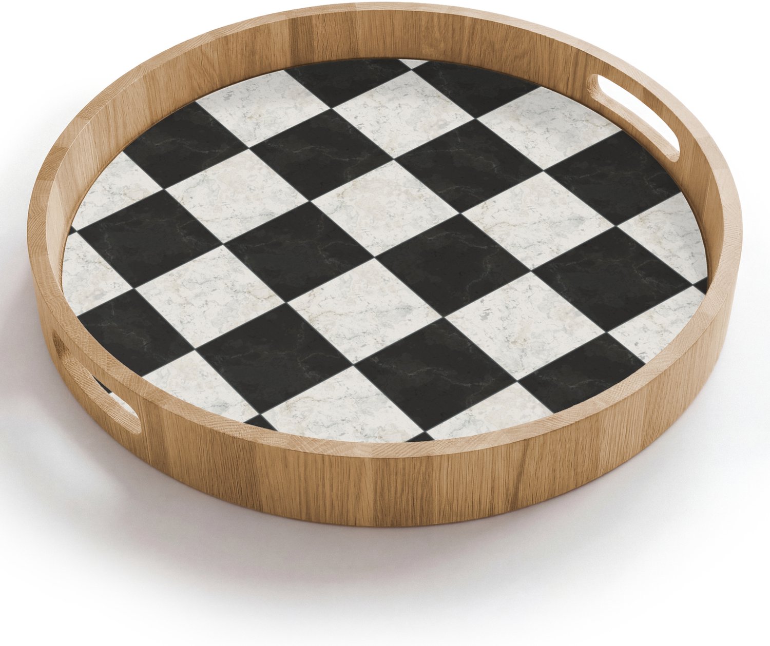 Dienblad rond 40x40 cm - Schootdienblad hout - Dambord - Marmer - Zwart - Wit - Borrelplank rechthoek - Plateau houten dienbladen
