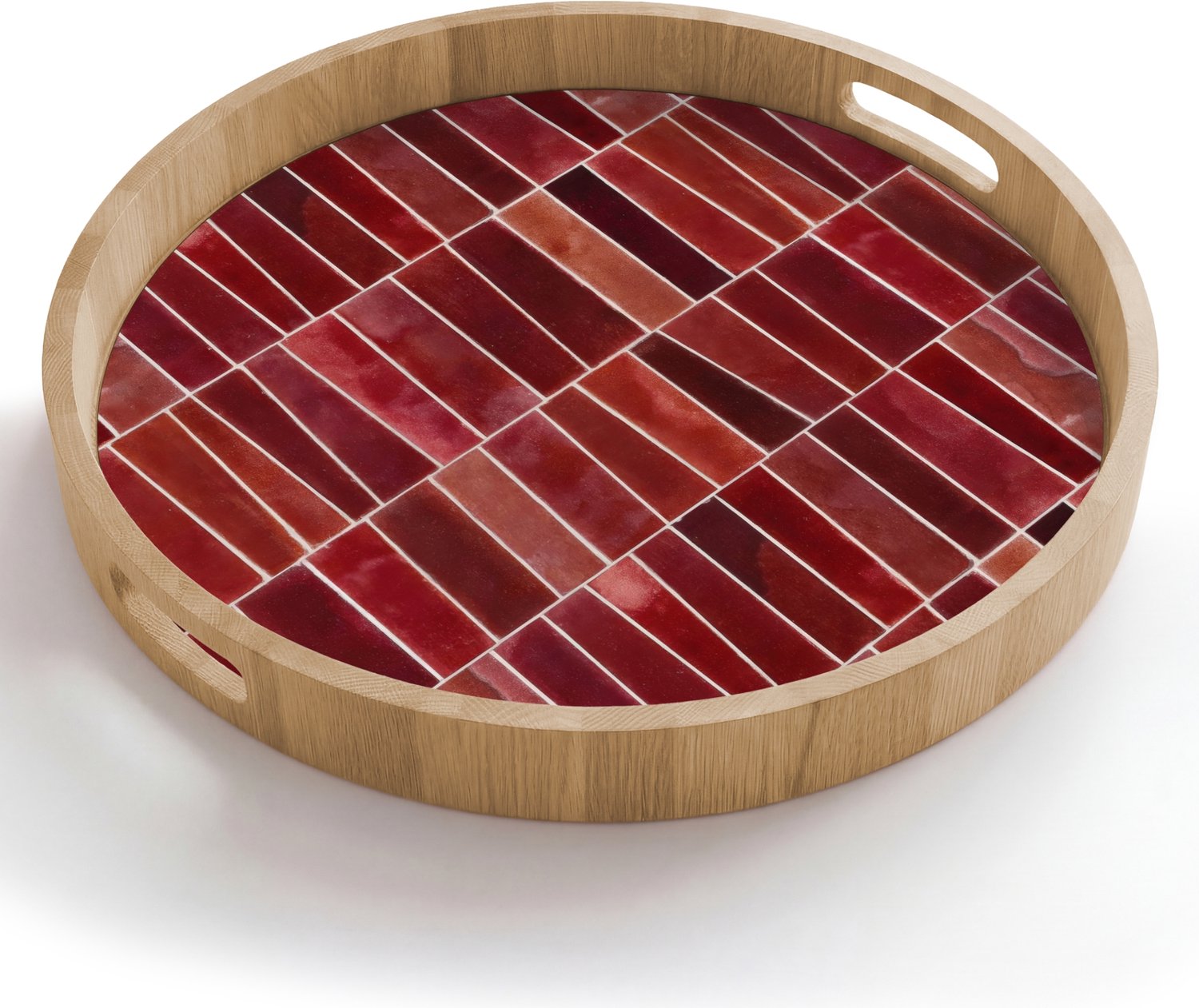 Dienblad rond 50x50 cm - Schootdienblad hout - Tegels - Modern - Structuur - Dieprood - Borrelplank rechthoek - Plateau houten dienbladen