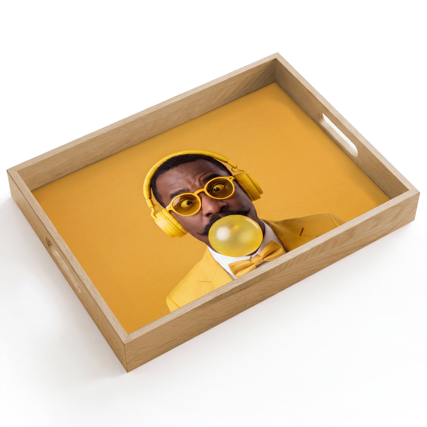 Dienblad hout 40x30 cm - Schootdienblad - Man - Bubblegum - Portret - Geel - Modern - Borrelplank rechthoek - Plateau dienbladen