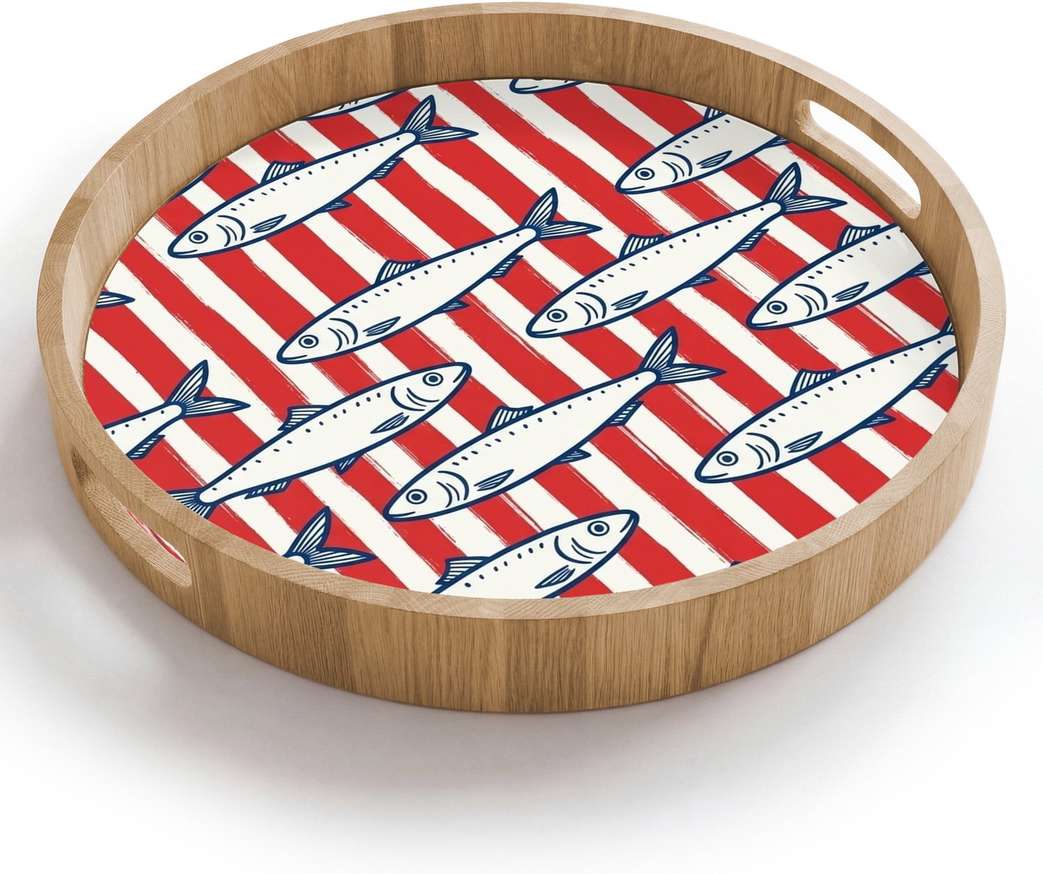 Dienblad rond 40x40 cm - Schootdienblad hout - Vis - Patroon - Strepen - Illustratie - Rood - Borrelplank rechthoek - Plateau houten dienbladen
