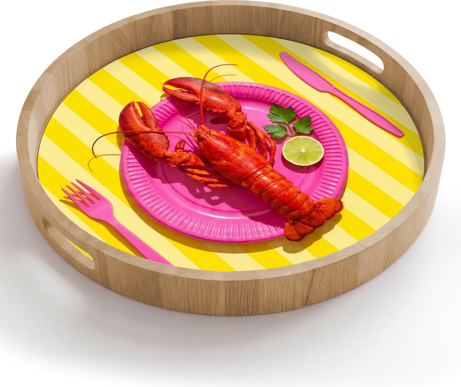 Dienblad rond 50x50 cm - Schootdienblad hout - Eten - Roze - Geel - Modern - Culinaire - Borrelplank rechthoek - Plateau houten dienbladen