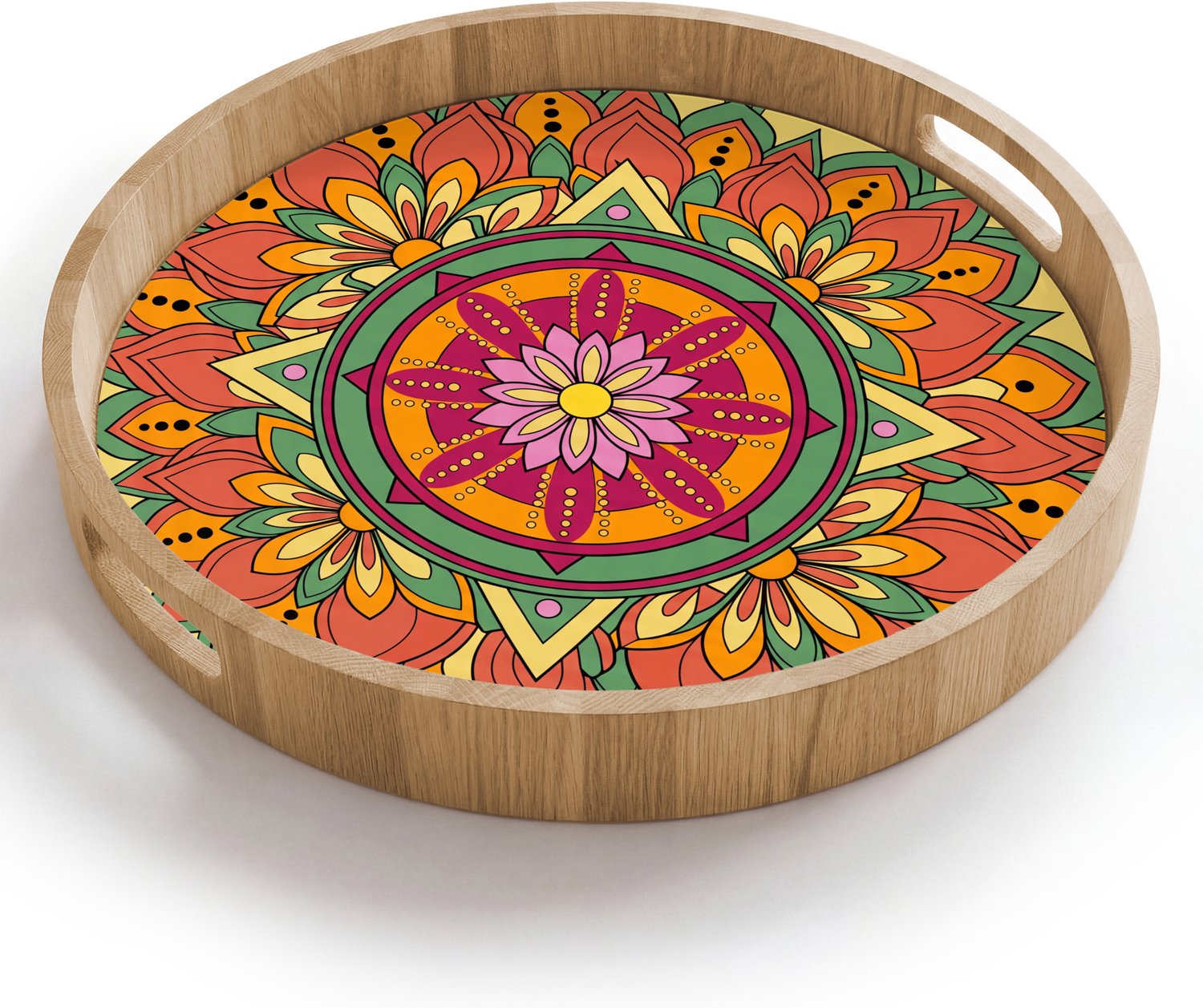 Dienblad rond 40x40 cm - Schootdienblad hout - Mandala - Bloemen - Abstract - Kleurrijk - Borrelplank rechthoek - Plateau houten dienbladen