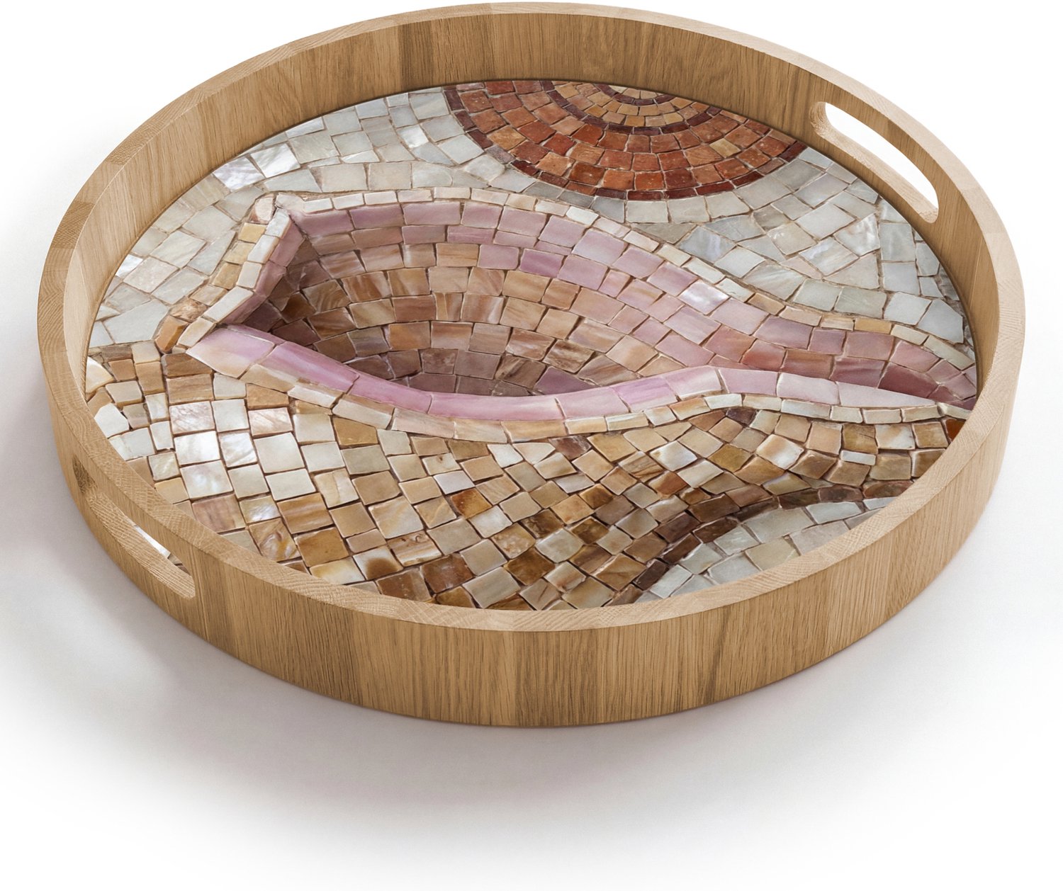 Dienblad rond 40x40 cm - Schootdienblad hout - Schelp - Mozaïek - Zee - Beige - Modern - Borrelplank rechthoek - Plateau houten dienbladen