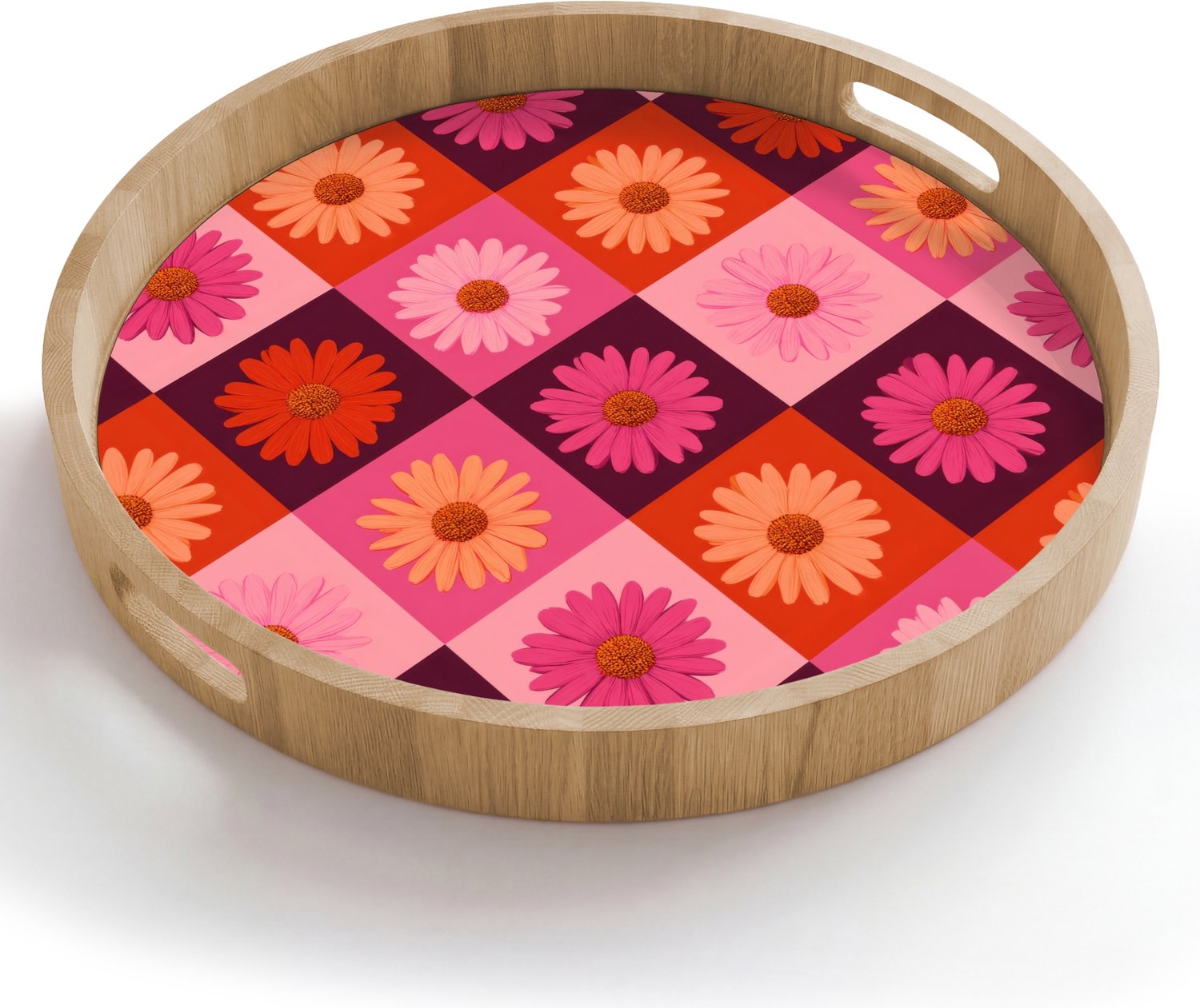 Dienblad rond 50x50 cm - Schootdienblad hout - Madeliefjes - Dambord - Retro - Roze - Oranje - Borrelplank rechthoek - Plateau houten dienbladen