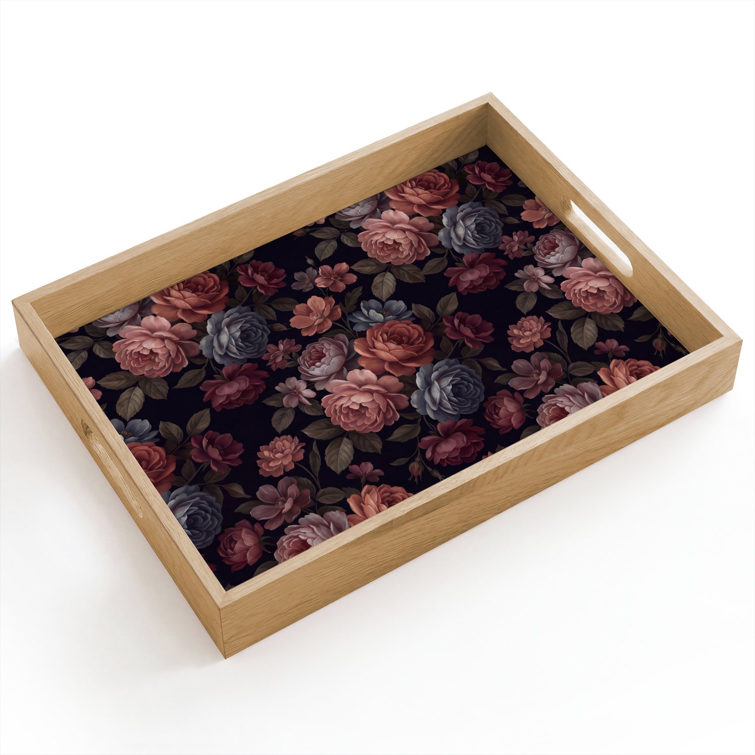 Dienblad hout 40x30 cm - Schootdienblad - Bloemen - Patroon - Vintage - Donker - Roze - Borrelplank rechthoek - Plateau dienbladen