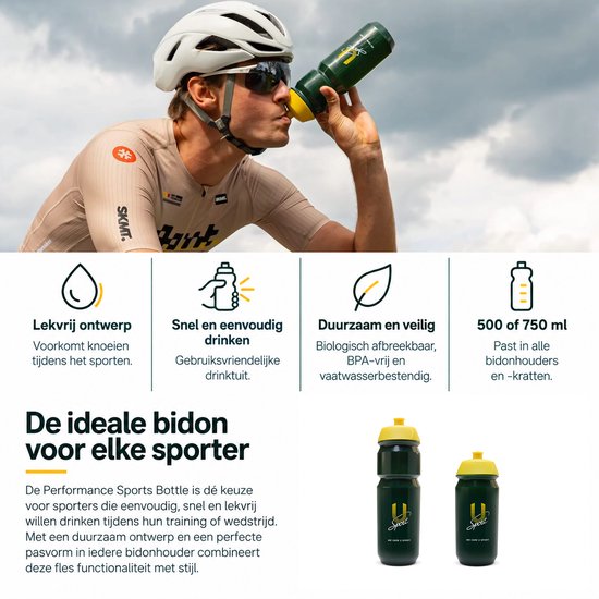 U-Sport Performance Sports Bottle - 500 ml - Tacx Shiva Bidon - Lekvrij & Biologisch Afbreekbaar - BPA-Vrij - Groen/Geel — afbeelding 3