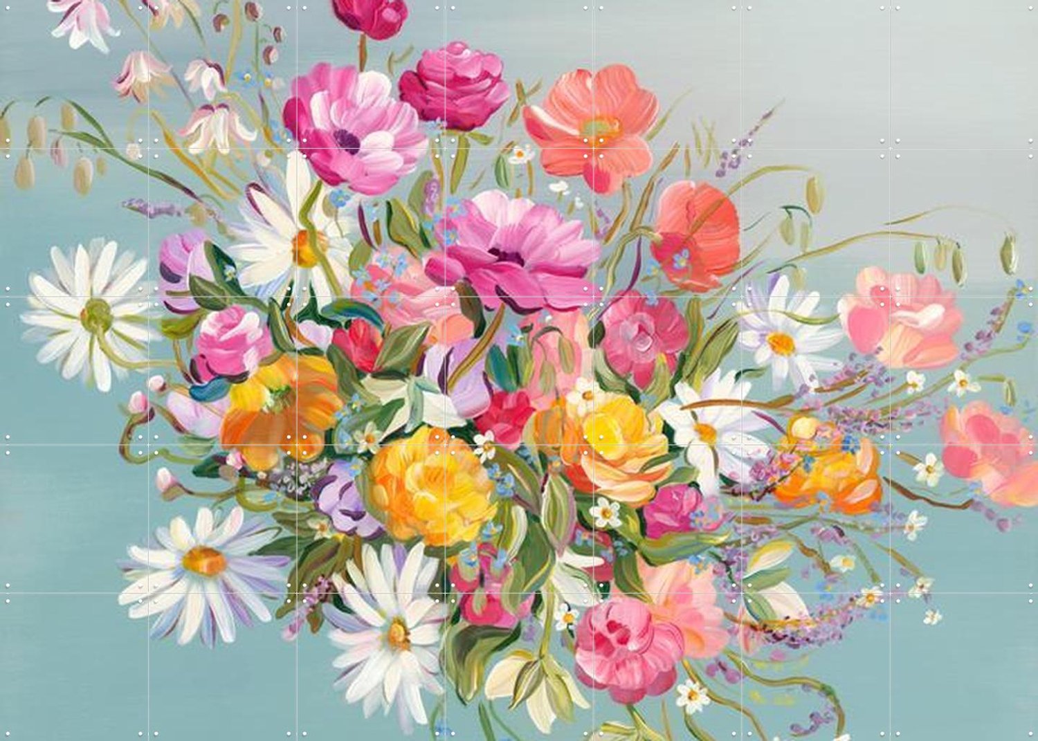 IXXI Blooms On Blue, Libby Chambers - 140 x 100 cm - Grote wanddecoratie en posters - Abstract, Modern, Speels, Kleurrijk, Fantasierijk, Woonkamer Roze / Oranje / Geel