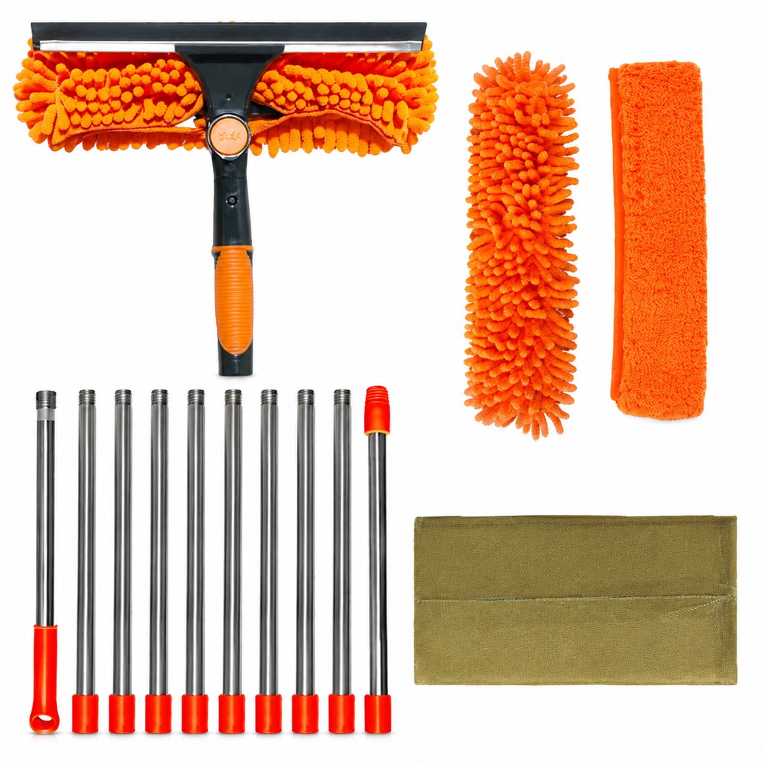 Oranje 2-in-1 raamreiniger met trekker, 10-delige koppelsteel en 2 vervangdoeken, in doos