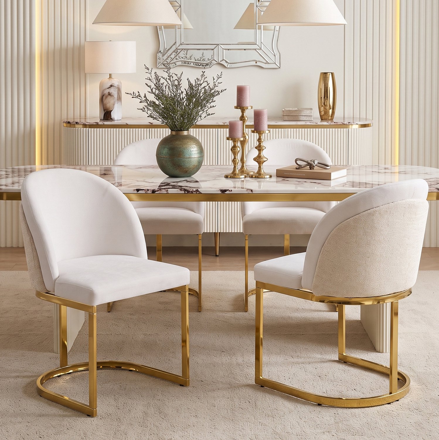 MODFU Eetkamerstoelen Set Van 2 - Chenille Bekleding - Met Armleuningen - Beige En Goud