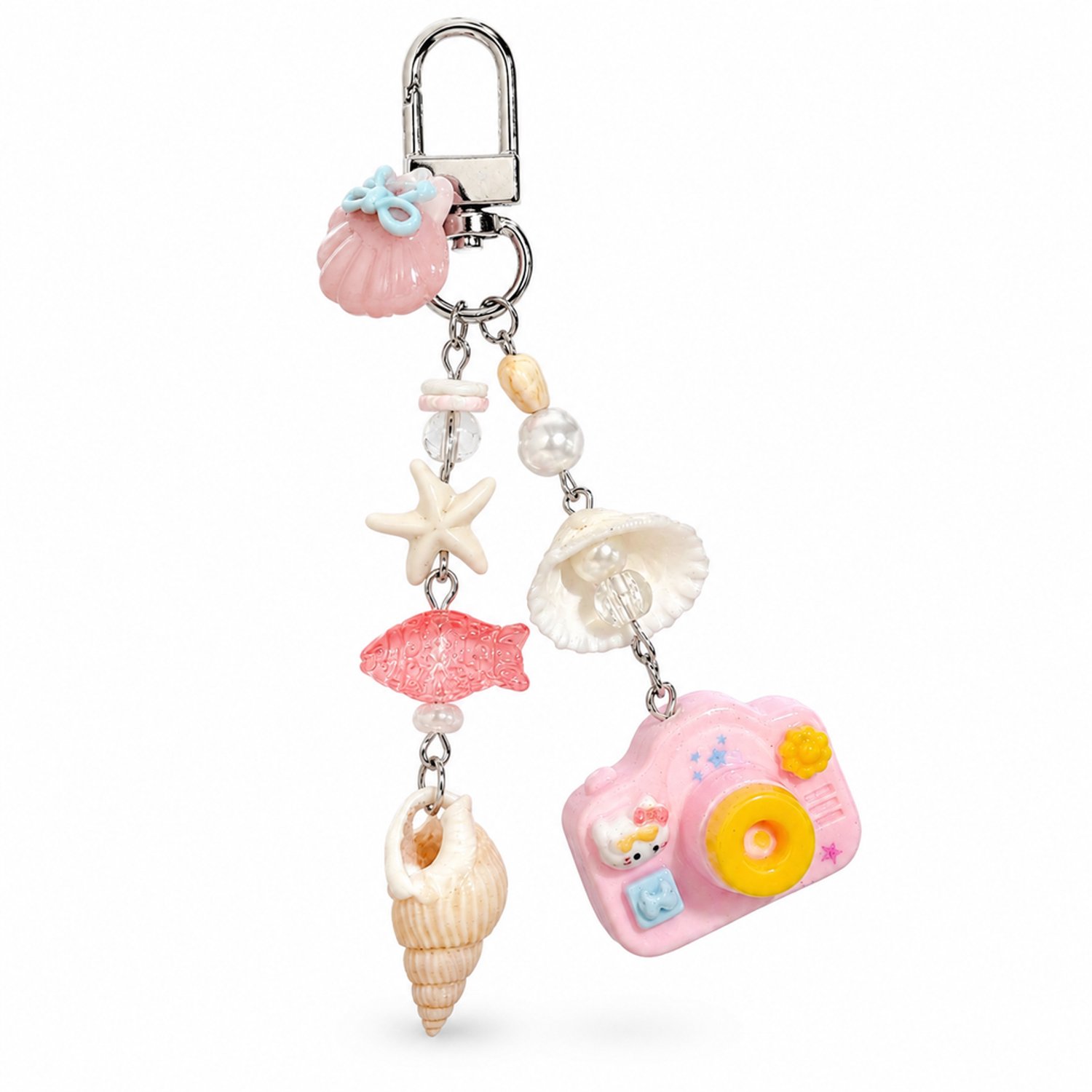 Roze sleutelhanger en tashanger, 20 cm, met natuurlijke schelpen, zeester en cameravormige hanger, karabijnsluiting