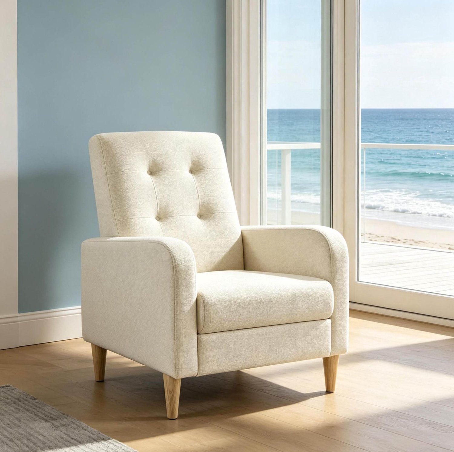 MODFU Fauteuil Met Armleuningen - Gecapitonneerde Rugleuning - Linnen En Hout - Beige