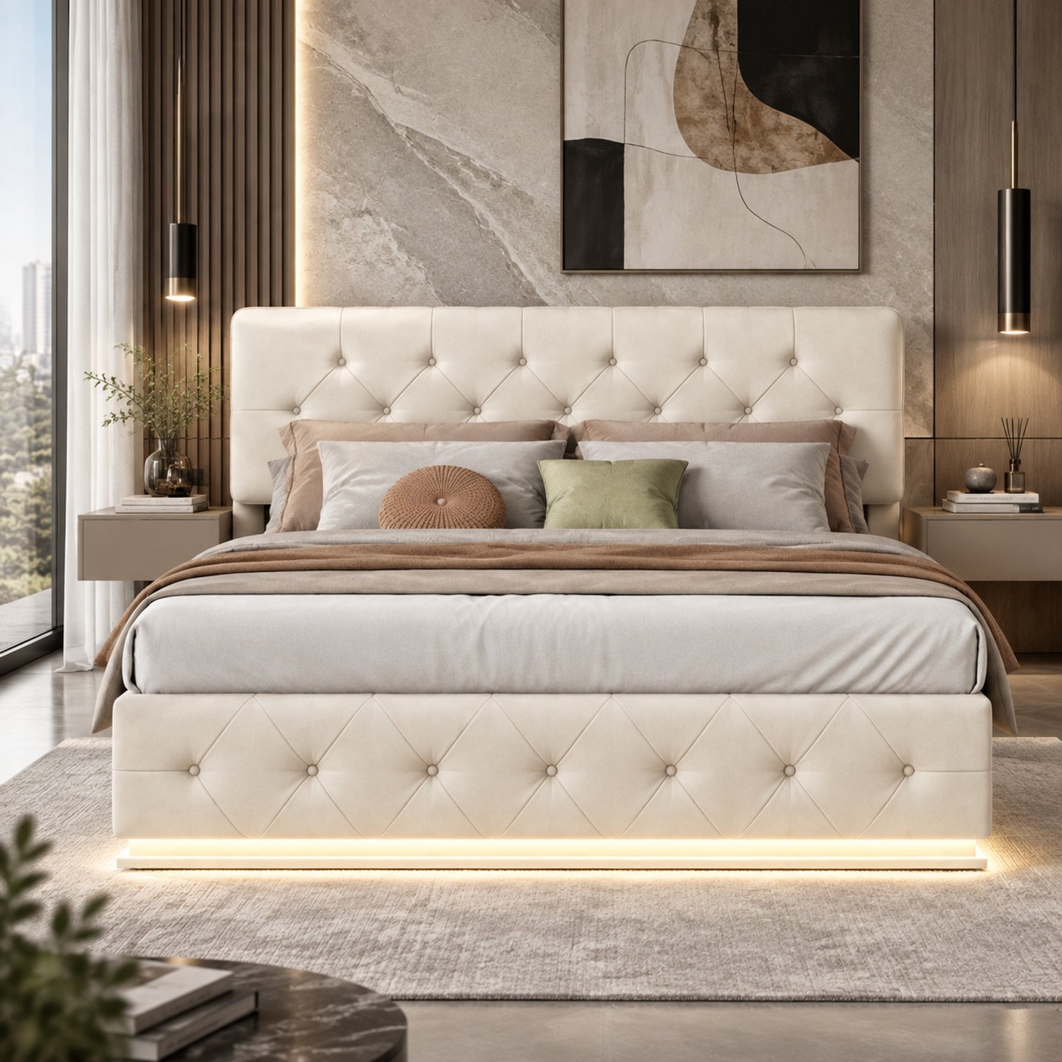 Yelenaro Hydraulisch Gestoffeerd bed 140x200 cm met LED-verlichting, Opbergbed, Bedombouw met Lattenbodem, Zonder Matras, Fluweel, Beige