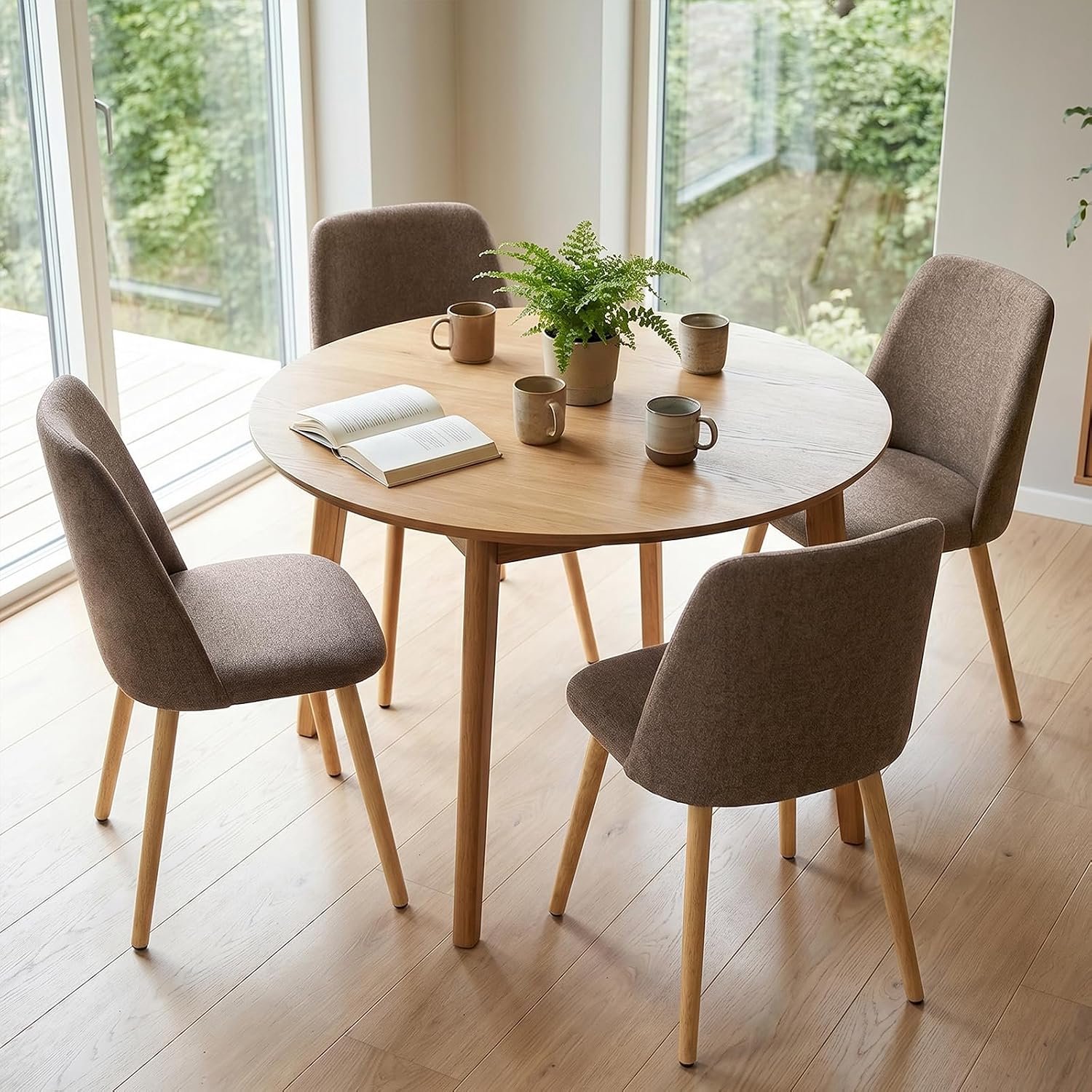 ErgoLuxe Eetkamerstoelen Set van 6 – Mokkabruine Linnenlook Stoelen met Ergonomische Rugleuning, Massief Houten Poten, Comfortabele Gestoffeerde Zitting, Krasbeschermende Viltjes, Draagvermogen 150 kg,