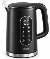 Zwarte Olvy waterkoker met digitaal temperatuurdisplay, tiptoetsen en stoom.