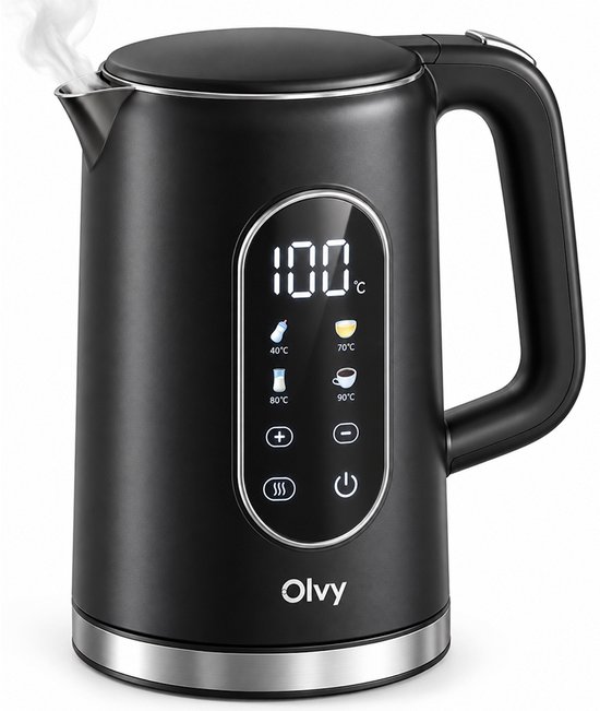 Zwarte Olvy waterkoker met digitaal temperatuurdisplay, tiptoetsen en stoom.