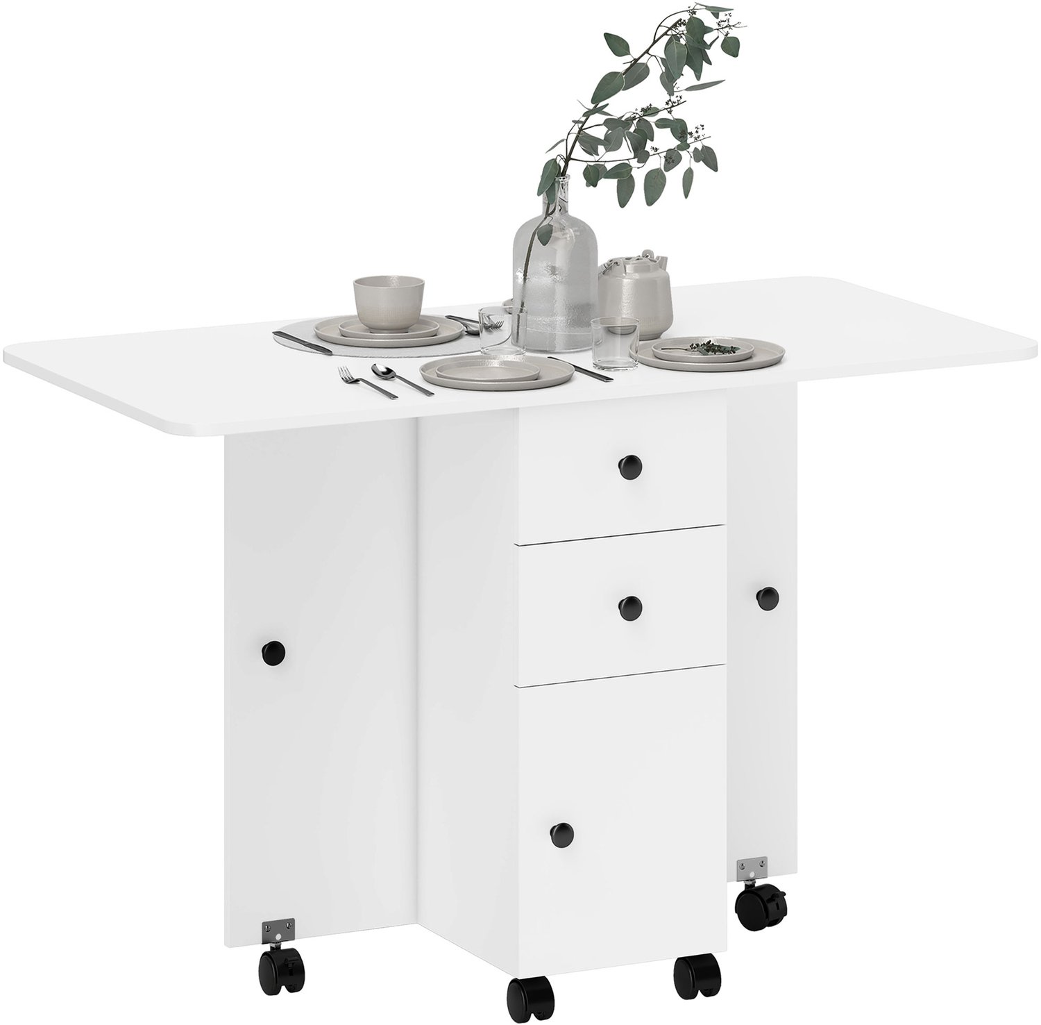 Lunpog Eettafel - Opklapbaar - Uitschuifbare eettafel - Met opklapbaar blad en lades, afmetingen: 120 x 60 x 76,5 cm - Wit