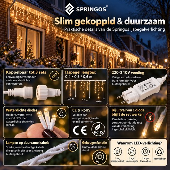 Springos ijspegelverlichting details: koppelbaar tot 3 sets, IP44 waterdicht, duurzame kabels en geheugenfunctie.
