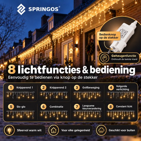 Springos ijspegelverlichting met 8 lichtfuncties, eenvoudig instelbaar via een bedieningsknop op de stekker.