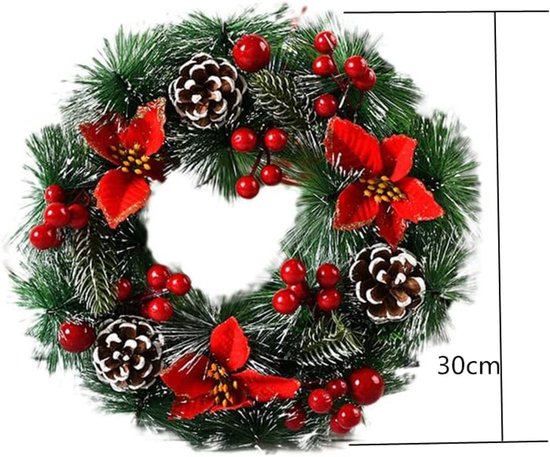 Kunstkerstkrans van 30 cm met rode bessen, dennenappels en poinsettia's.