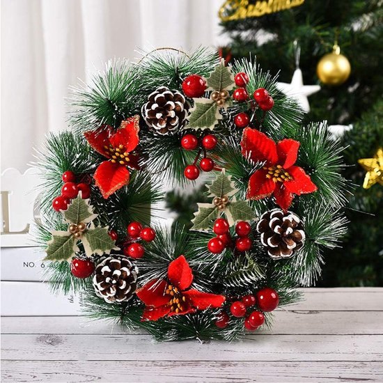 1 stuk - Kerstkrans - Kunstkerstkrans - Krans voor de voordeur - Ronde krans - Decoratieve krans - Kerstversiering - Herbruikbaar - Diameter 30 cm - Rood - Geschikt voor open haarden, deuren, tuinen, muren en ramen.