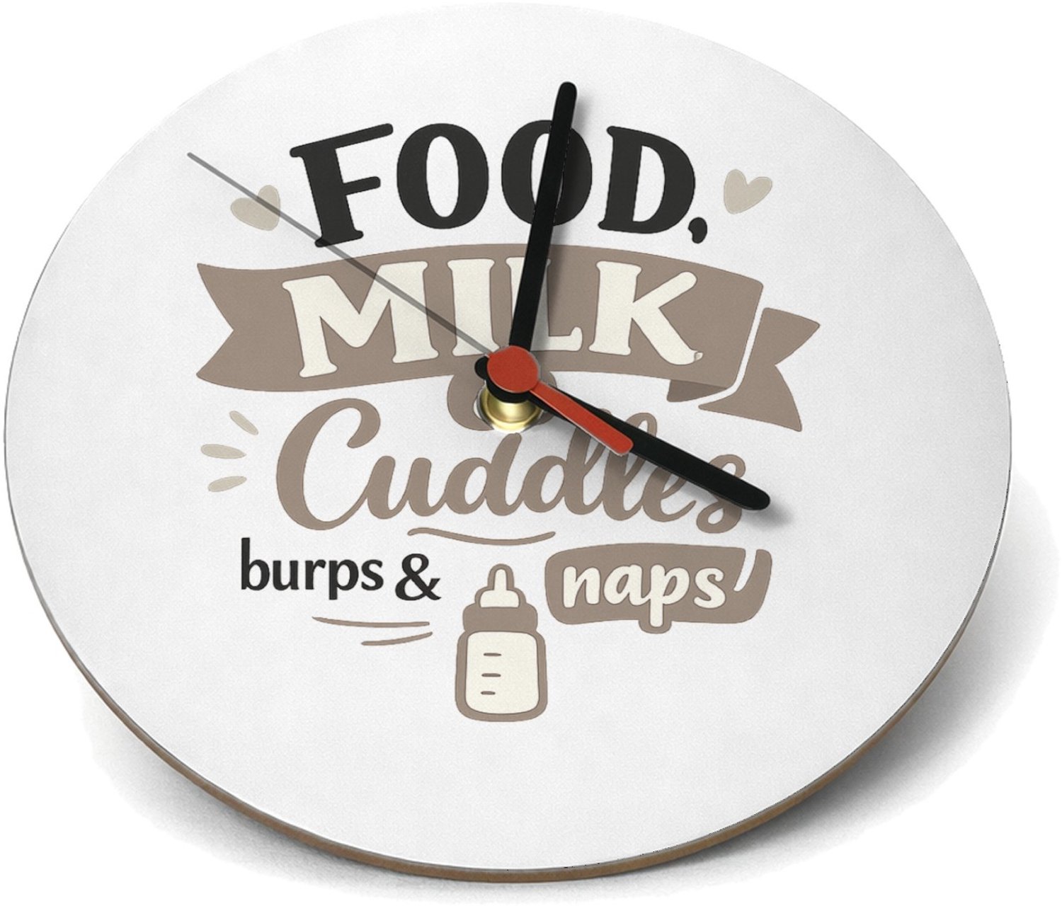 Mr Cadeautjes Klok rond Ø 19 - design Speels typografisch babycadeau met focus op eten en knuffelt | cadeau Wit
