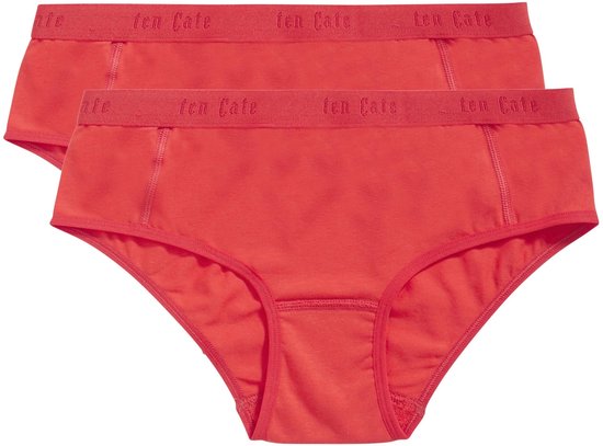 Set van twee rode katoenen hipsters met een elastische tailleband voorzien van ten Cate logo.