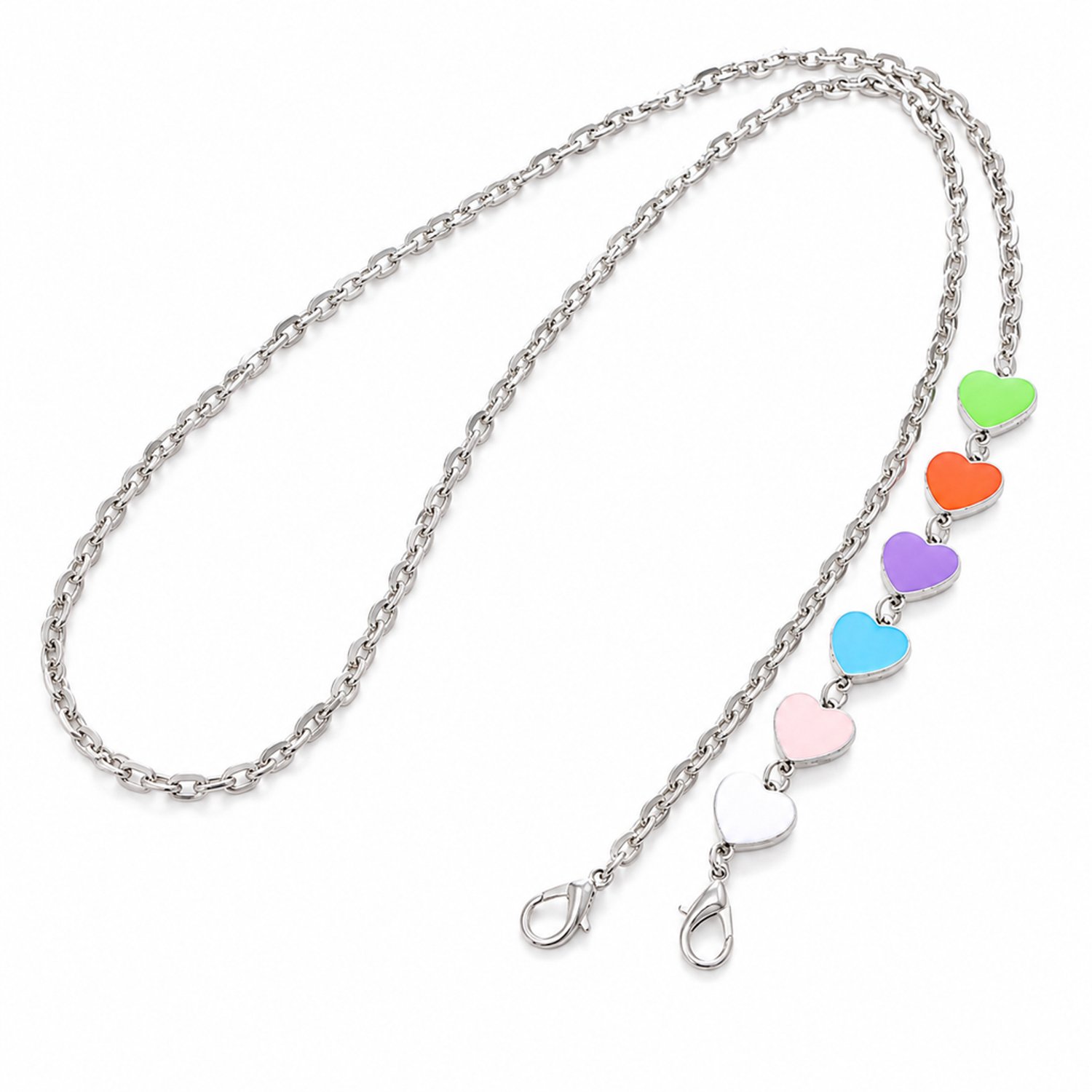 Telefoonkoord 125 cm - Metalen crossbodyketting in zilverkleur met gekleurde hartjes en twee karabijnsluitingen